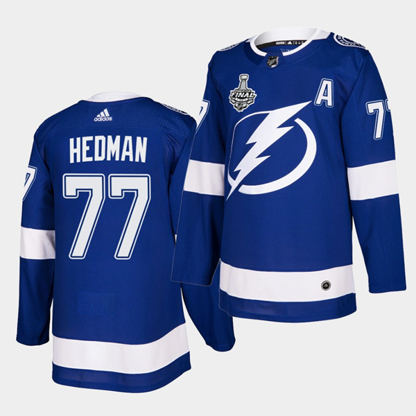 Men's Tampa Bay Lightning #77 Victor Hedman 2020 Blue Stanley Cup Finals Stitched Jersey